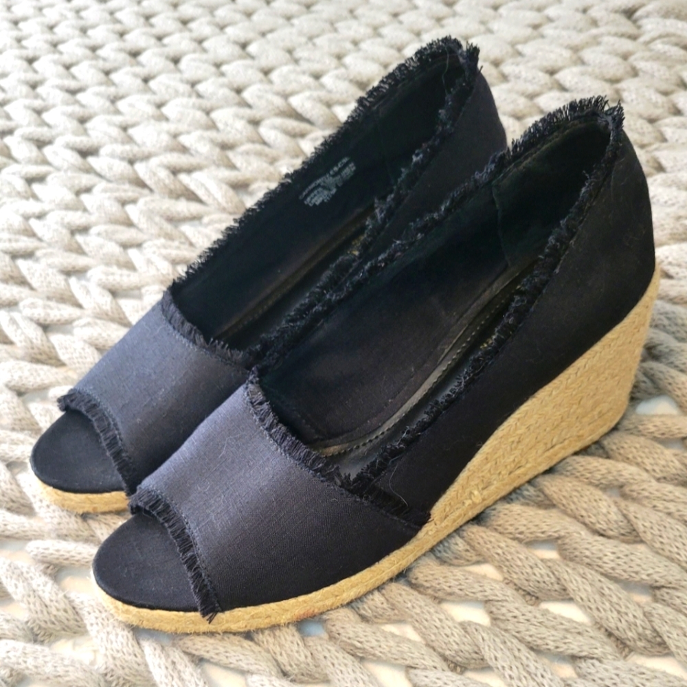 Ralph Lauren Linen Carmondy Espadrilles Sandals Black Tan Open toe Size 8.5